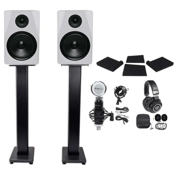 2) Rockville APM8W 8" 500w Powered Studio Monitors+Stands+Pads+Headphones+Mic