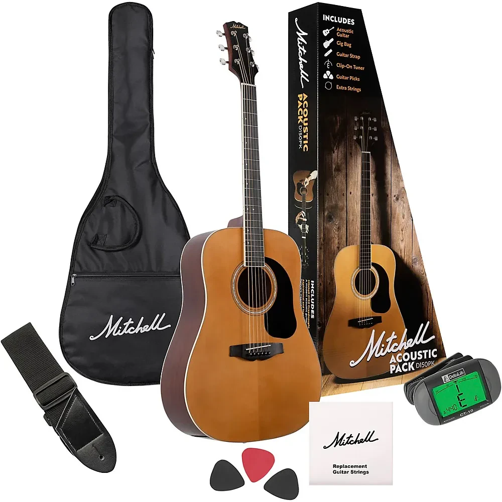 Акустическая гитара Mitchell Motion D150 Dreadnought Natural (набор) с чехлом, тюнером, ремнем, медиаторами и струнами
