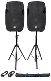 2) Rockville SPGN108 10" Passive 800W ABS Plastic PA Speakers+Stands+Cables+Bags