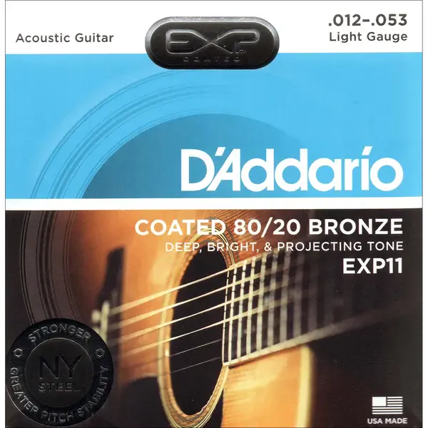 Струны для акустической гитары D'Addario EXP11 12-53, бронза с покрытием EXP