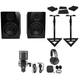 (2) Rockville APM6B 6.5" Powered USB Studio Monitors+Stands+Pads+Mic+Headphones