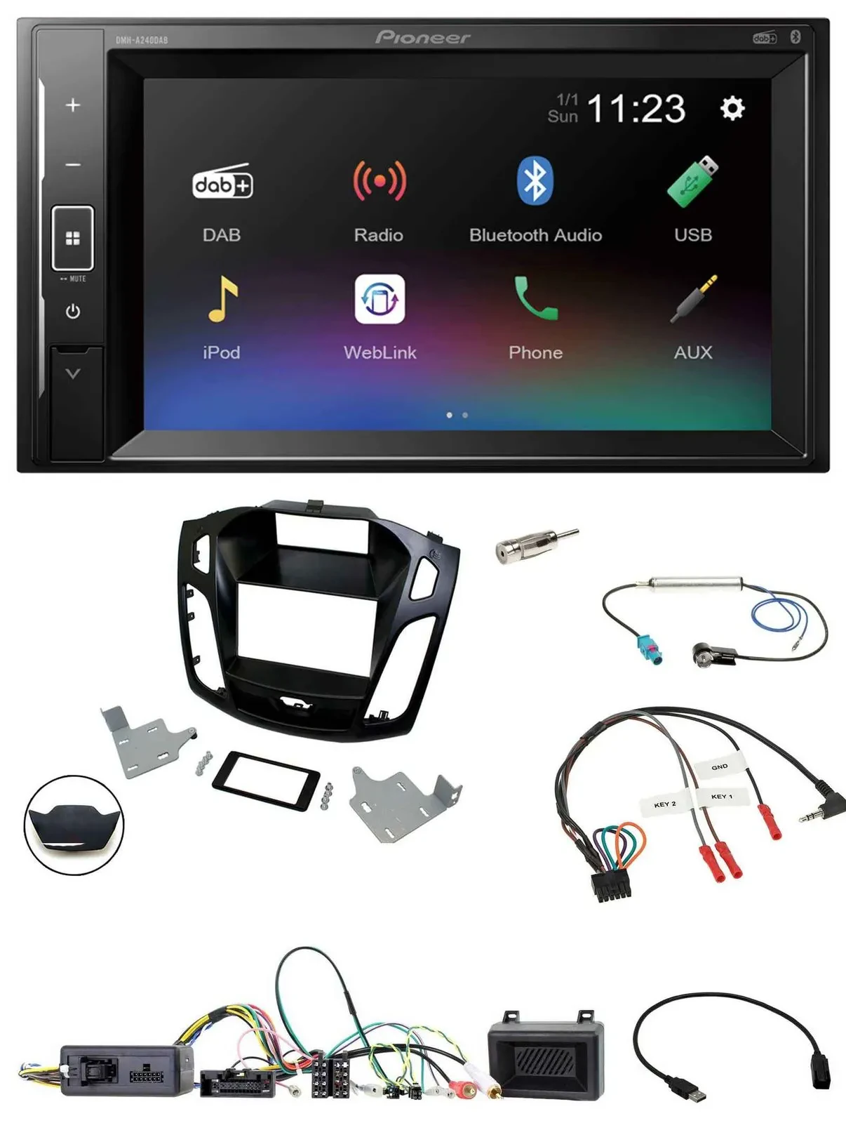 Автомагнитола для Ford Focus 2014–2018 Pioneer 2DIN, DAB, Bluetooth, USB