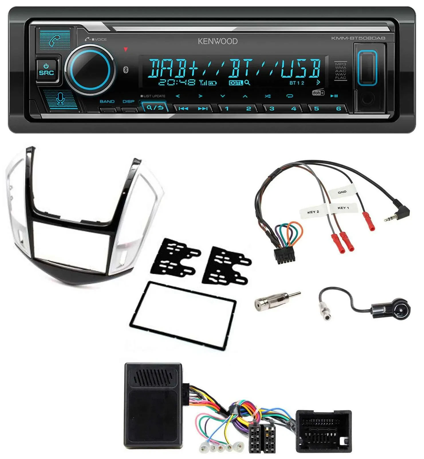 Kenwood Bluetooth Lenkrad DAB USB Autoradio für Chevrolet Cruze 2011-2016 silber