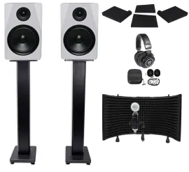 2) Rockville APM8W 8" 500w Studio Monitors+36" Stands+Pads+Headphones+Mic+Shield