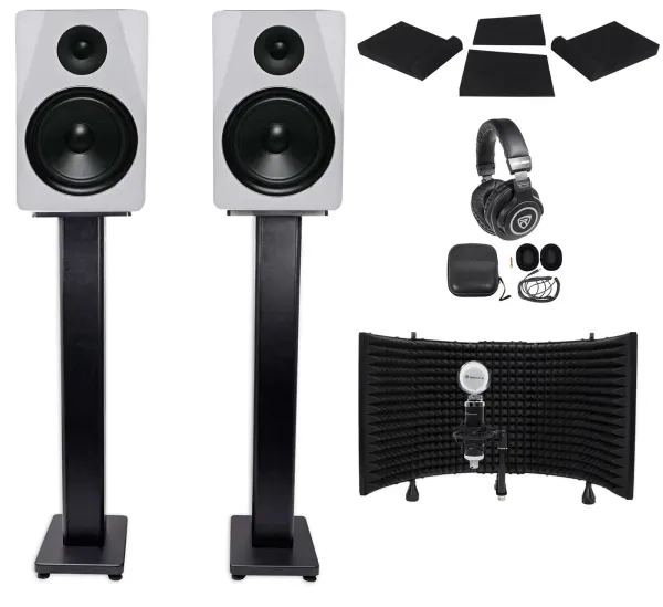 2) Rockville APM8W 8" 500w Studio Monitors+36" Stands+Pads+Headphones+Mic+Shield