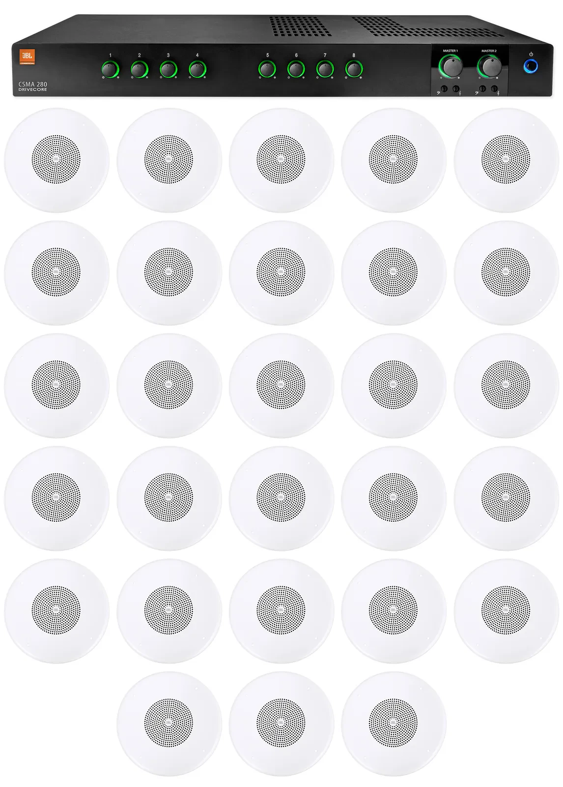 Усилитель мощности для ресторанов/баров/кафе JBL CSMA280 + CSS8004 (набор, 28 шт.), 2x80W, 4/8Ω, 70/100V, 4" громкоговорители