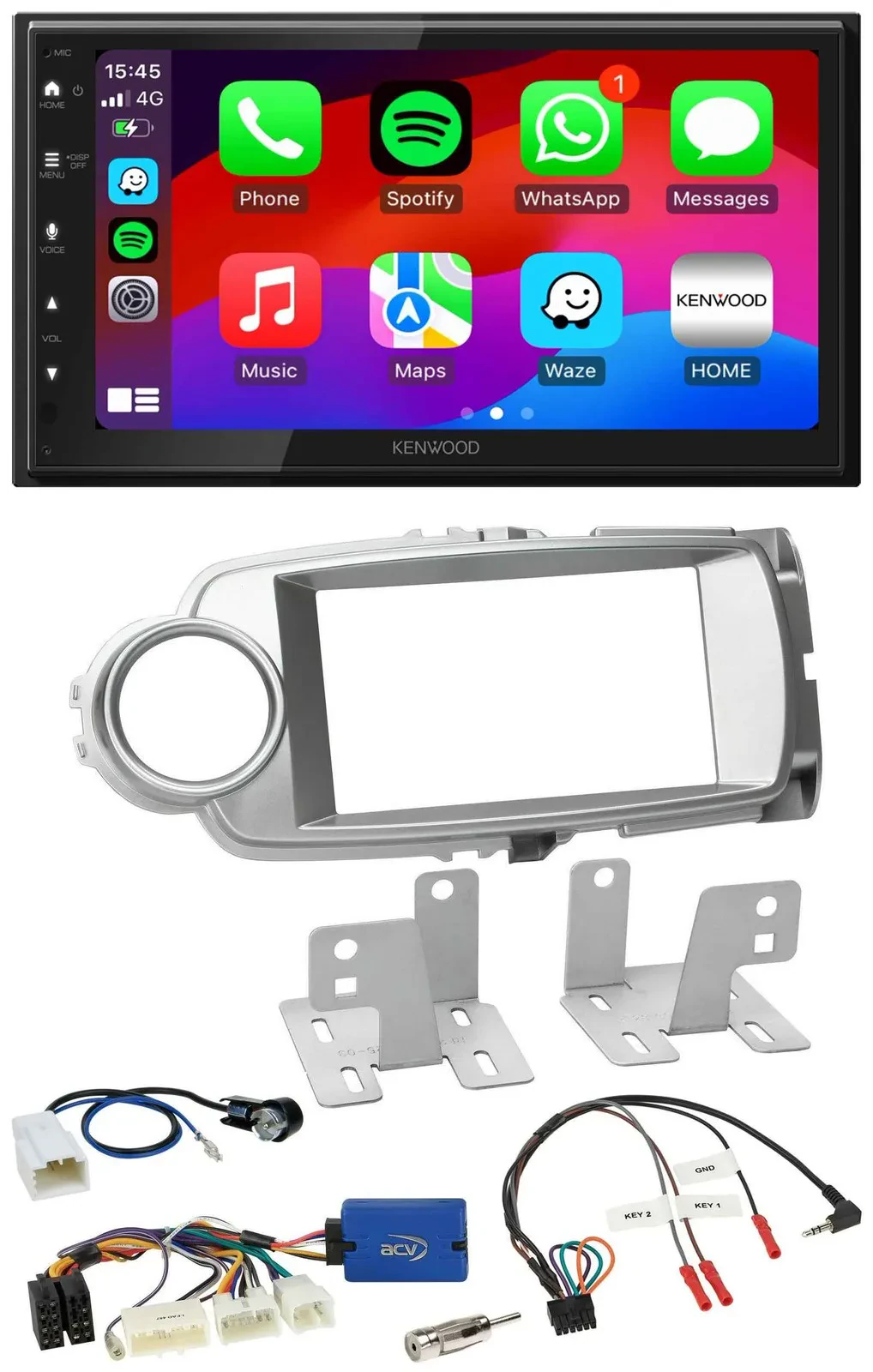 Автомагнитола для Toyota Yaris 2011–2014 Kenwood 2DIN USB DAB Bluetooth, серебристая