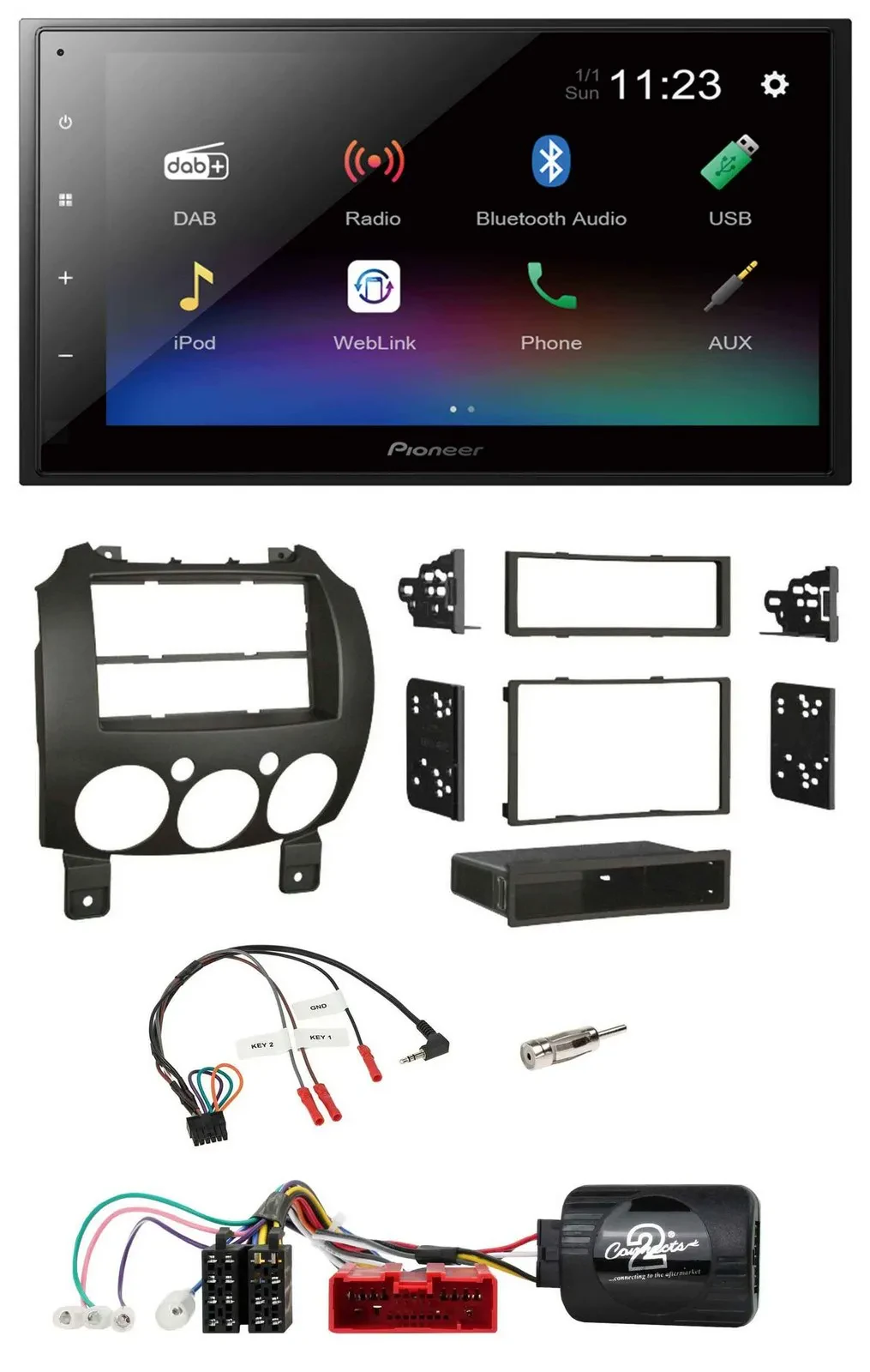 Автомагнитола Pioneer 2DIN USB, Bluetooth, DAB для Mazda 2 (2007–2014), поддержка кнопок на руле