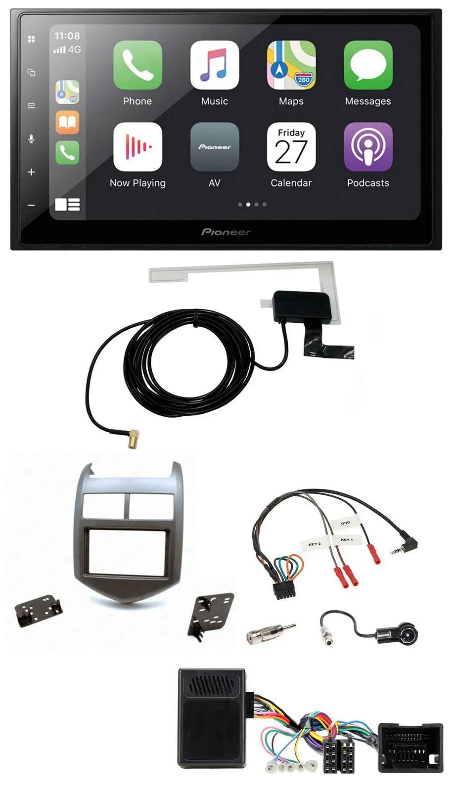 Автомагнитола Pioneer 2DIN Bluetooth DAB USB для Chevrolet Aveo (с 2011), тёмная, с поддержкой кнопок на руле