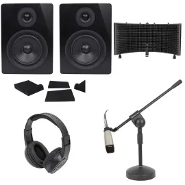 2) Rockville 5.25" 250w Powered Studio Monitors+Mic+Headphones+Stand+Shield+Pads