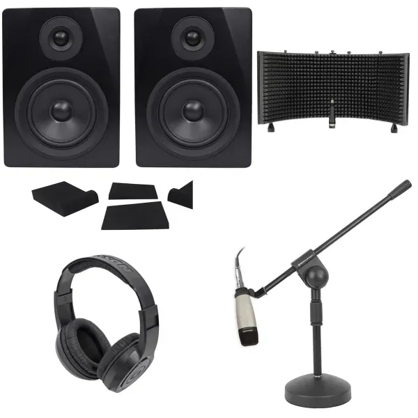 2) Rockville 5.25" 250w Powered Studio Monitors+Mic+Headphones+Stand+Shield+Pads