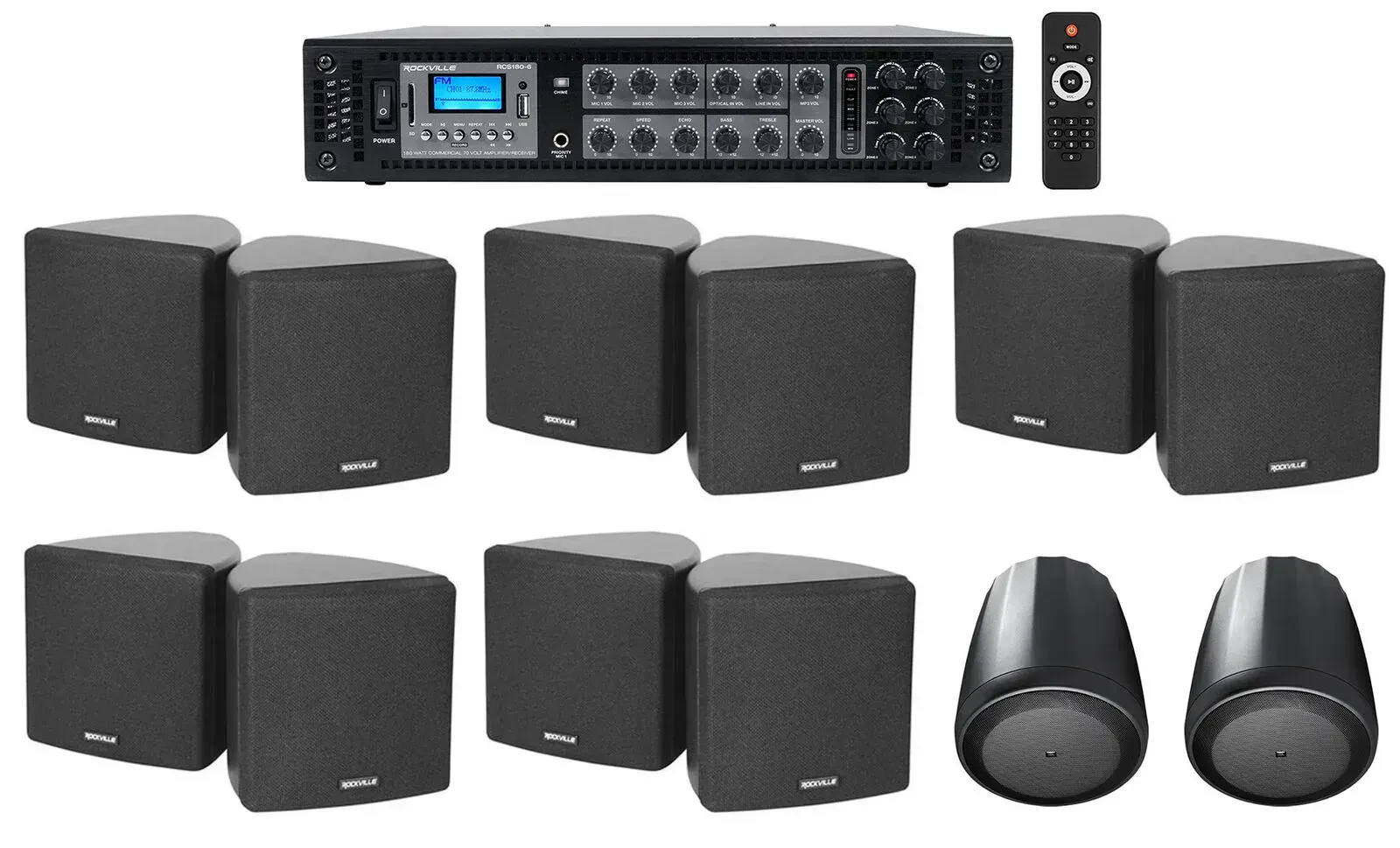 Трансляционный усилитель Rockville RCS180-6+(5) Cube 70v Bl+Control 65 P/T с комплектом акустики