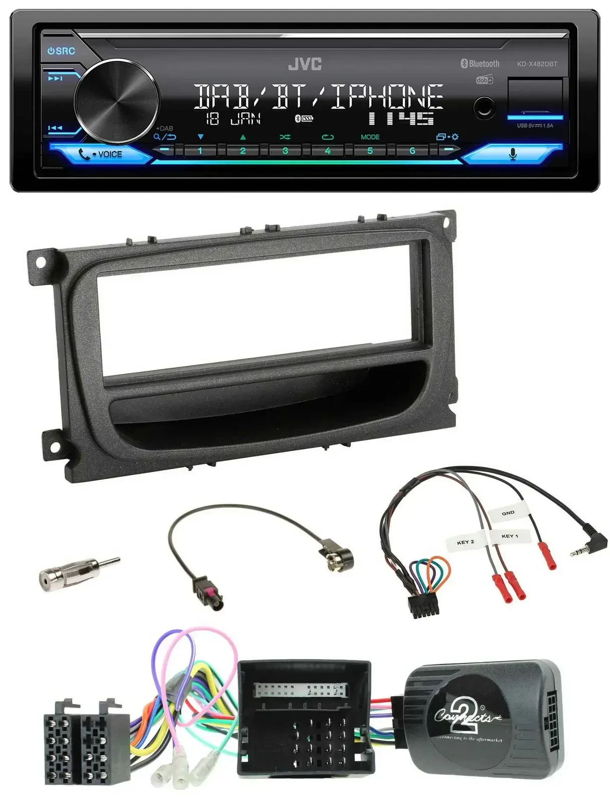 Автомагнитола JVC Bluetooth DAB USB для Ford Mondeo/S-Max 2007–2014, черная, совместима с кнопками на руле (CAN)