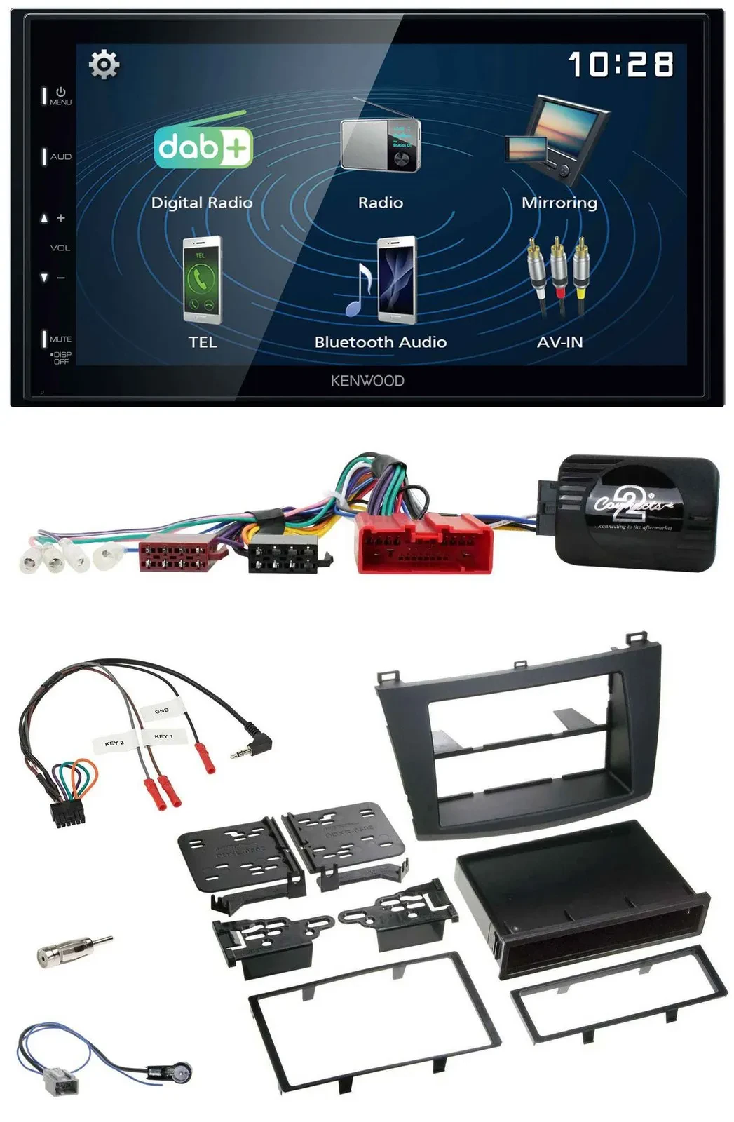 Автомагнитола Kenwood 2DIN Bluetooth USB DAB для Mazda 3 (2009–2013) с CAN-Bus и поддержкой управления на руле