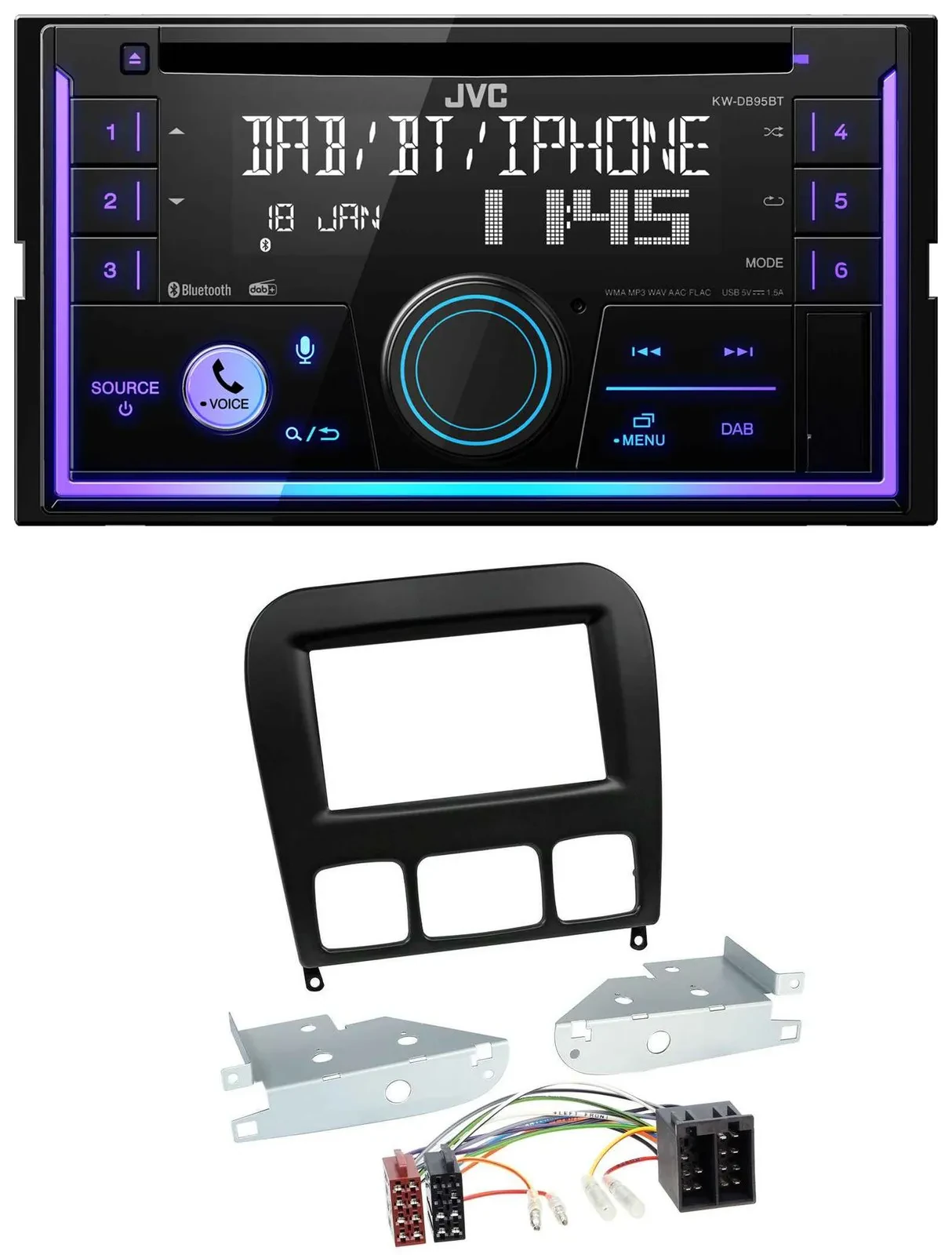 Автомагнитола JVC 2DIN, CD, MP3, USB, DAB, Bluetooth для Mercedes S‑Class 1998–2005, черный