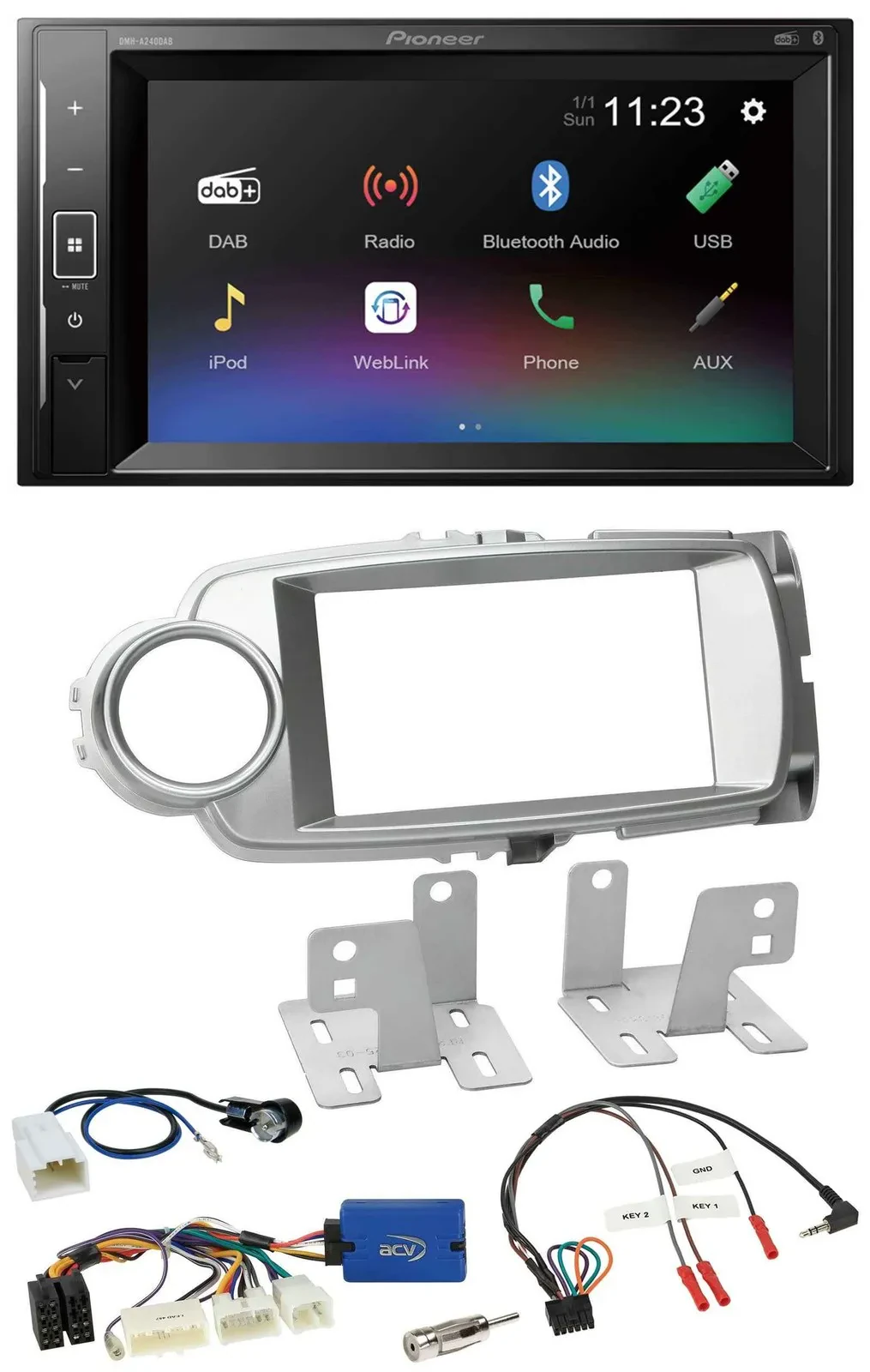 Автомагнитола для Toyota Yaris 2011–2014 Pioneer 2DIN, DAB, Bluetooth, USB, серебристая