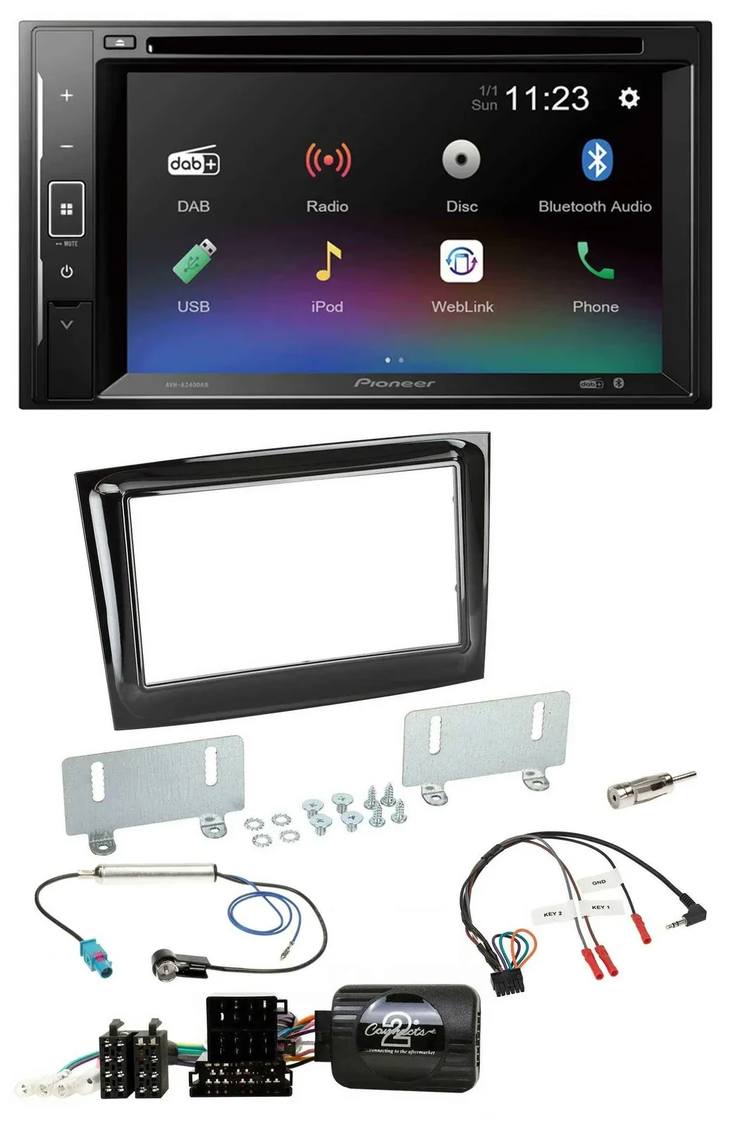 Автомагнитола для Fiat Doblo (с 2015) Pioneer 2DIN, DAB, DVD, Bluetooth, USB, поддержка управления на руле