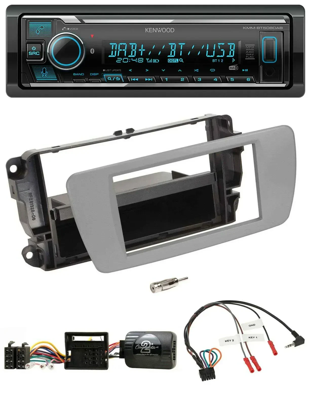 Автомагнитола Kenwood Bluetooth, DAB, USB, совместима с кнопками на руле, для Seat Ibiza, цвет серый (Dublingrau)