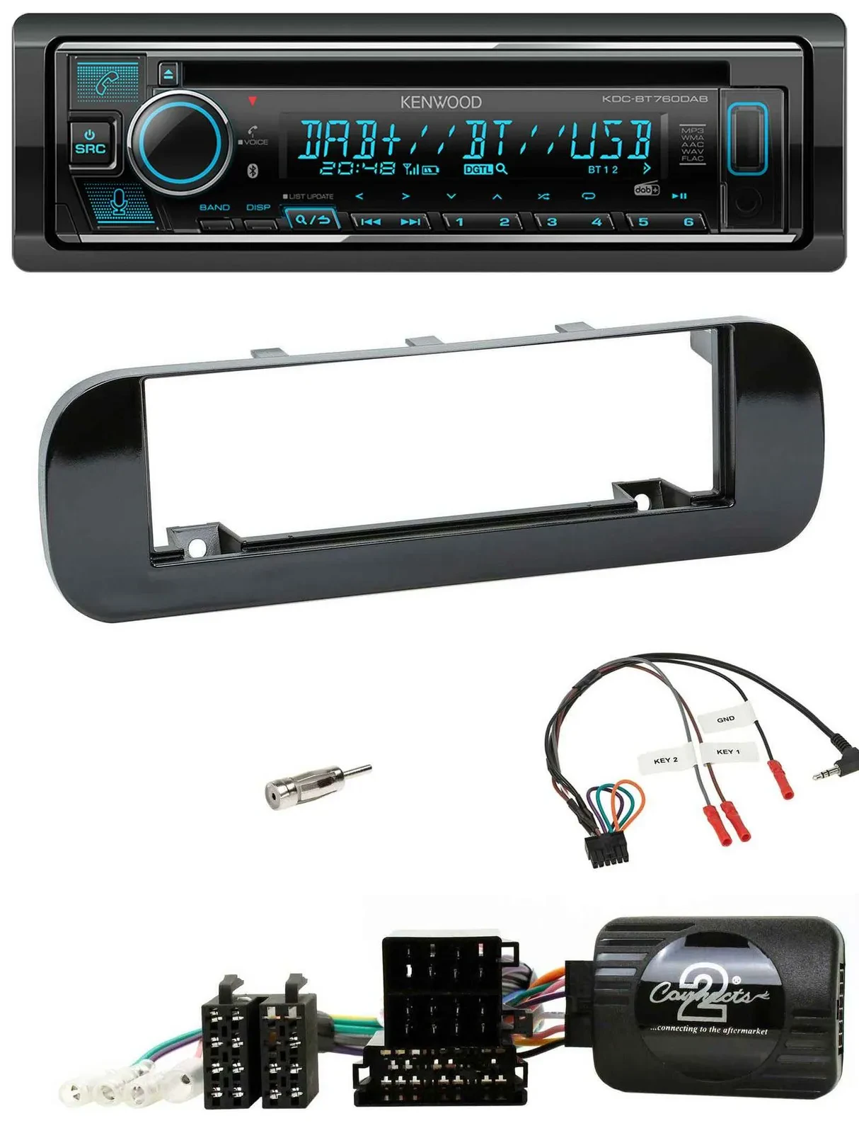 Автомагнитола Kenwood Bluetooth DAB USB CD для Fiat Panda (2012–2020) черная глянцевая с поддержкой управления на руле