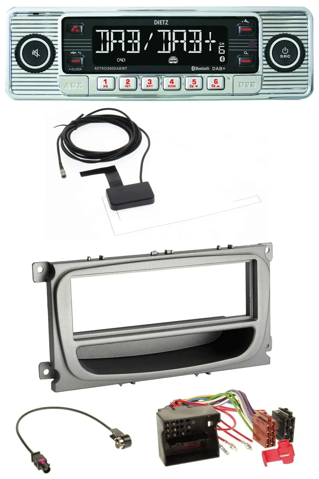 Автомагнитола Dietz Bluetooth USB MP3 DAB для Ford Focus/Galaxy/C-Max (с 2007), серебристая