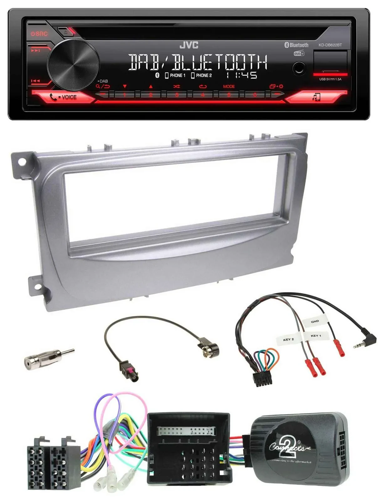 Автомагнитола для Ford S-Max/Mondeo (2007–2014) JVC CD, DAB, USB, Bluetooth, CAN-Bus, совместима с кнопками на руле