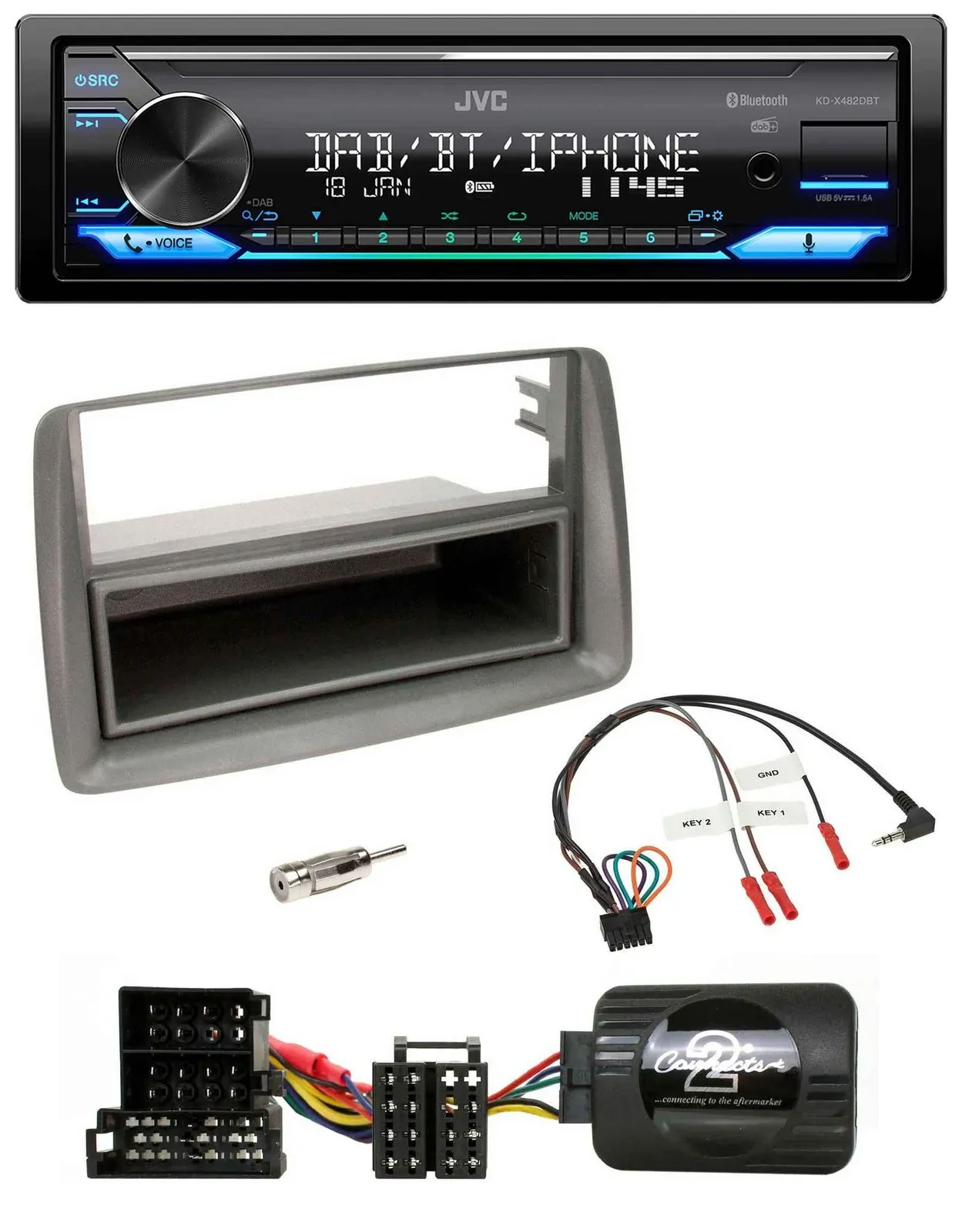 JVC Bluetooth DAB USB Lenkrad Autoradio für Alfa GT 147 Ablage silber
