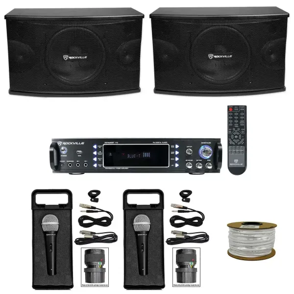 Pair Rockville KPS10 10" 1200w Karaoke/Pro Speakers+Bluetooth Amplifier+(2) Mics