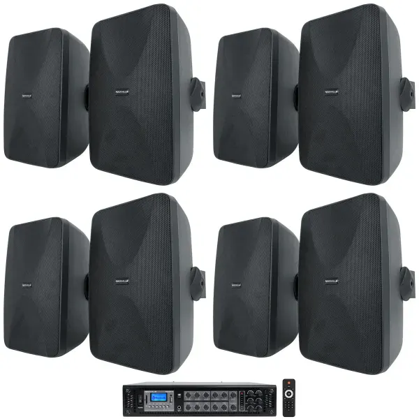 Rockville 6-Zone Commercial/Restaurant Bluetooth Amp+8) Black 6.5" Wall Speakers