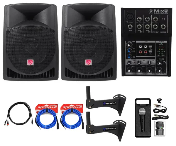 Complete Crossfit Gym Sound System (2) Rockville 12" Speakers+Mackie Mixer+More!