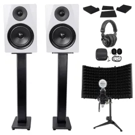 2) Rockville DPM6W 6.5" 420w Active Studio Monitors+Stands+Headphones+Mic+Shield