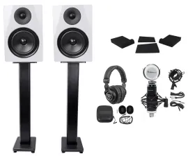 (2) Rockville DPM6W 6.5" 420w Dual Active Studio Monitors+Stands+Headphones+Mic