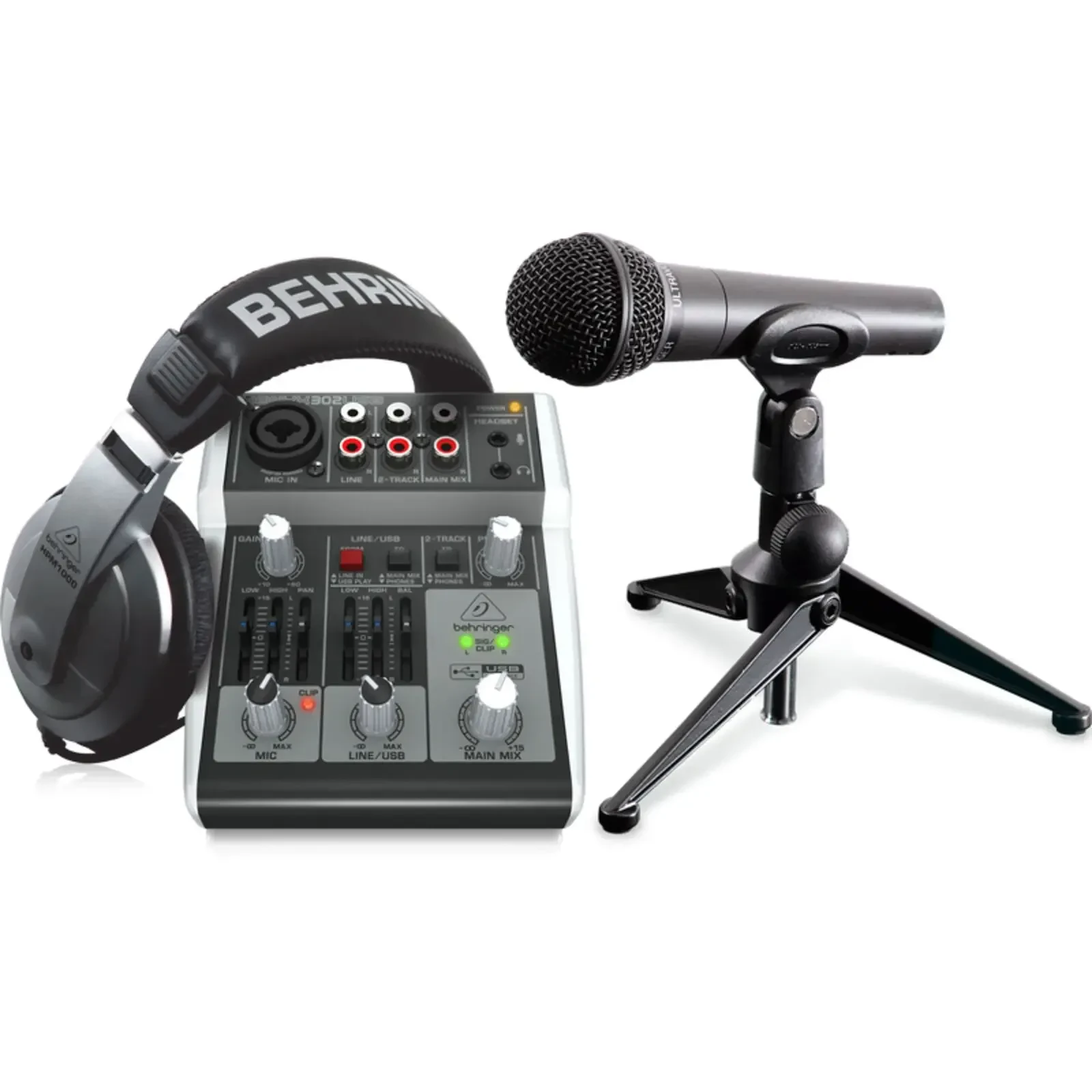 Комплект для подкастов Behringer PODCASTUDIO 2 USB: микшер 302USB, микрофон XM8500, наушники HPM1000
