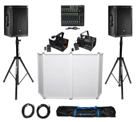 2) JBL SRX812P 12" 2000w Powered DJ Speakers+Stands+Facade+Fog+Haze+Mackie Mixer