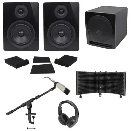 Pair Rockville 5.25" Active Studio Monitors+Sub+Mic+Headphones+Stand+Shield+Pads