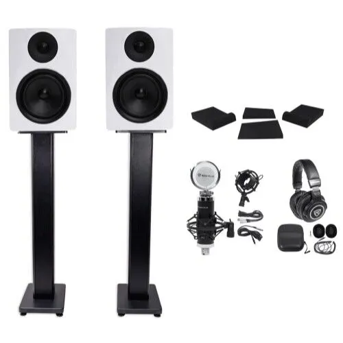 2) Rockville APM6W 6.5" 350w Powered Studio Monitors+Stands+Pads+Headphones+Mic