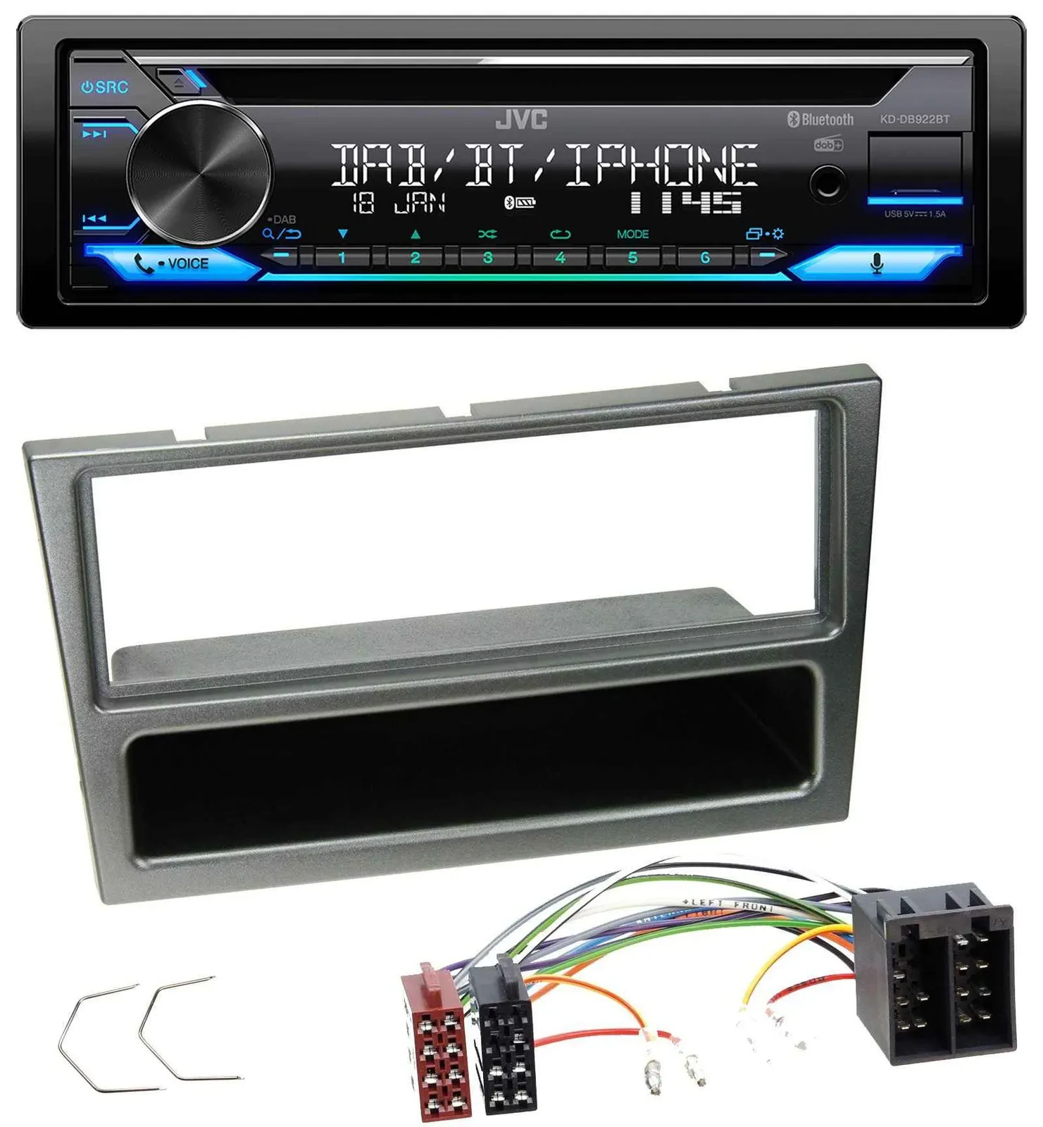 JVC Bluetooth MP3 USB DAB CD Autoradio für Opel Corsa C ISO 2000-2004 aluminium