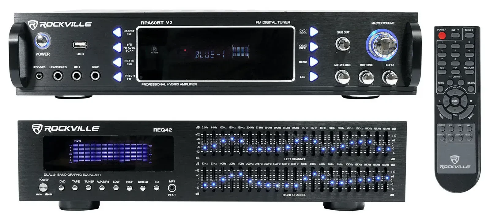 Усилитель для караоке Rockville RPA60BT Bluetooth, 1000W, 2 x 21-Band Equalizer REQ42-B (набор, 3 шт.)