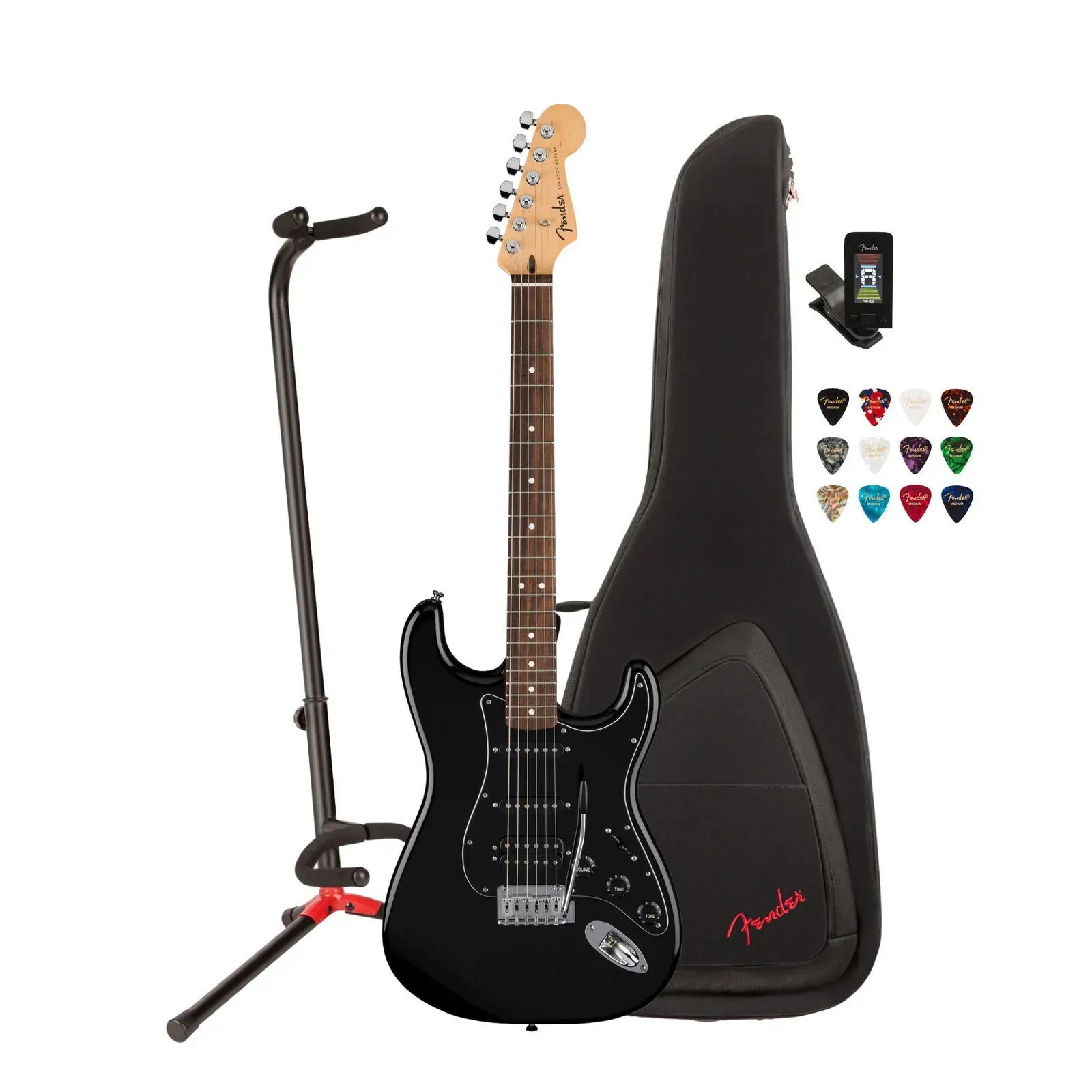 Fender Standard Stratocaster HSS 6 String Electric Black Guitar Bundle