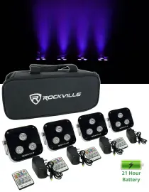 Rockville 4 PACK MINI RF3 Bright DJ Par Up Lights+Bag+RF Remotes+Wireless DMX