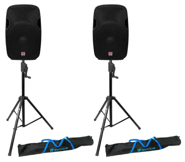 (2) Rockville SPGN158 15" Passive 1600W DJ PA Speakers+Crank-Up Speaker Stands