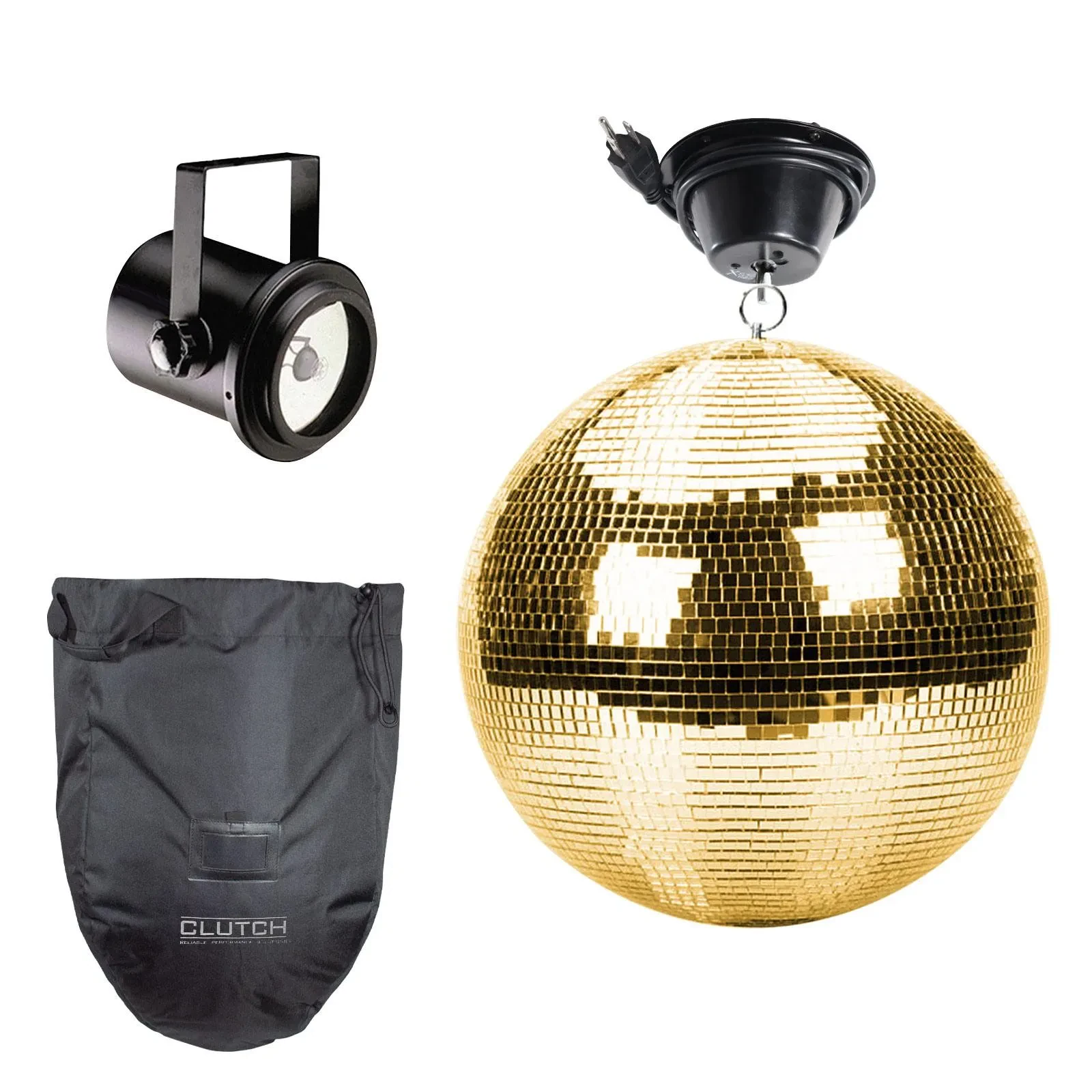 Clutch CL-MB-16-GOLD 16" Mirror Disco Ball Gold w Motor & Bag Pack