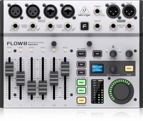 Цифровой микшер Behringer FLOW 8, 4 TRS входа, 2 XLR входа, 2 XLR/TRS входа, USB порт