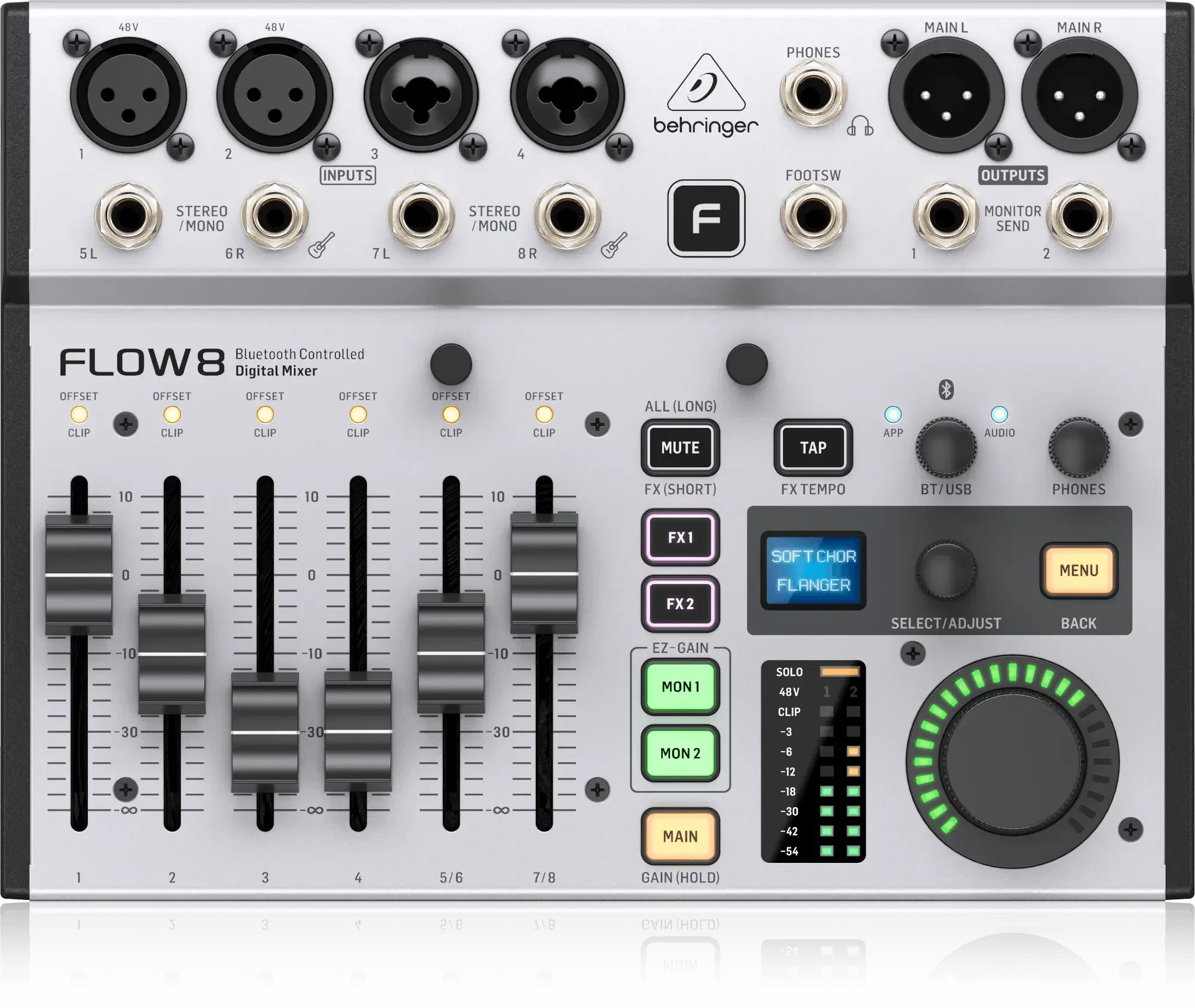 Цифровой микшер Behringer FLOW 8, 4 TRS входа, 2 XLR входа, 2 XLR/TRS входа, USB порт