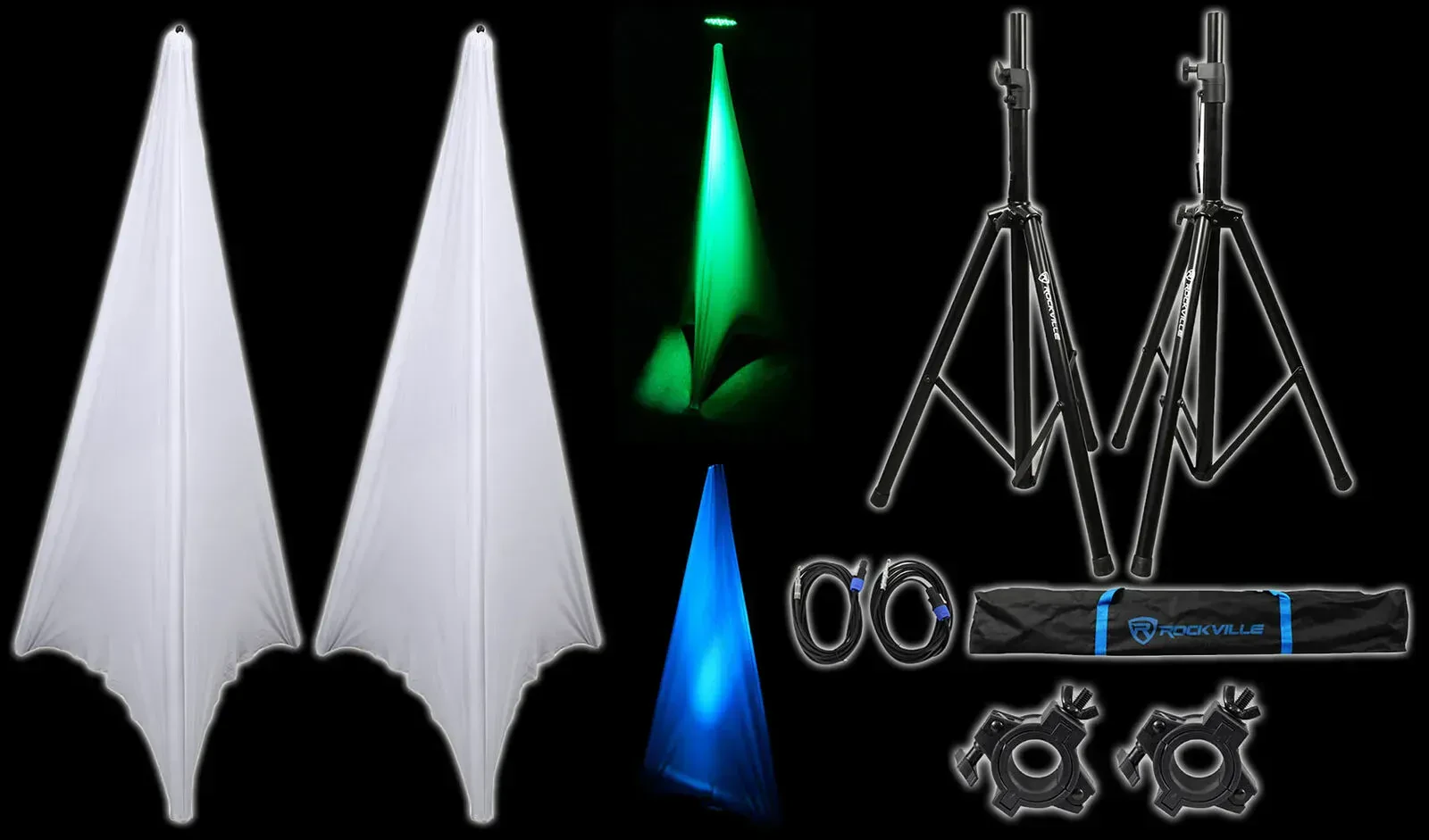 Стойка для акустических систем для DJ Rockville RVSS2-TSNL4+(2) RSC7W+(2) O-CLAMP/1.5 штативные (набор, пара) с кабелями, белыми скрим-чехлами и сумкой для переноски