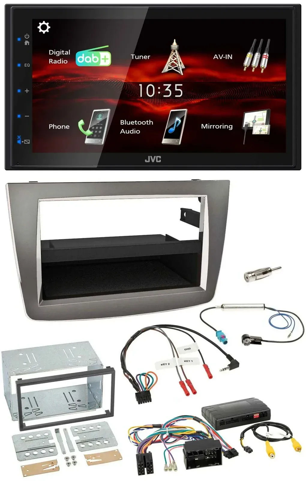 Автомагнитола для Alfa Romeo Mito JVC 2DIN USB Bluetooth DAB, серебристая, 2014–2018
