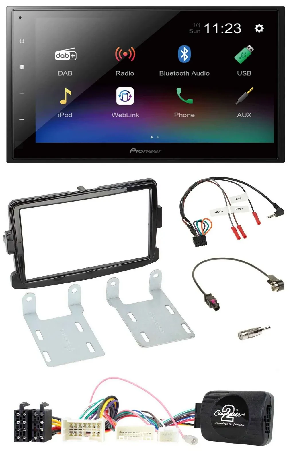 Автомагнитола Pioneer 2-DIN, USB, Bluetooth, DAB, совместима с кнопками на руле, для Dacia (с 2012), цвет черный глянец