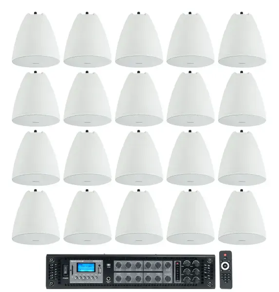 Rockville RCS650-6 650w 6 Zone Commercial Amplifier+(20) White Pendant Speakers