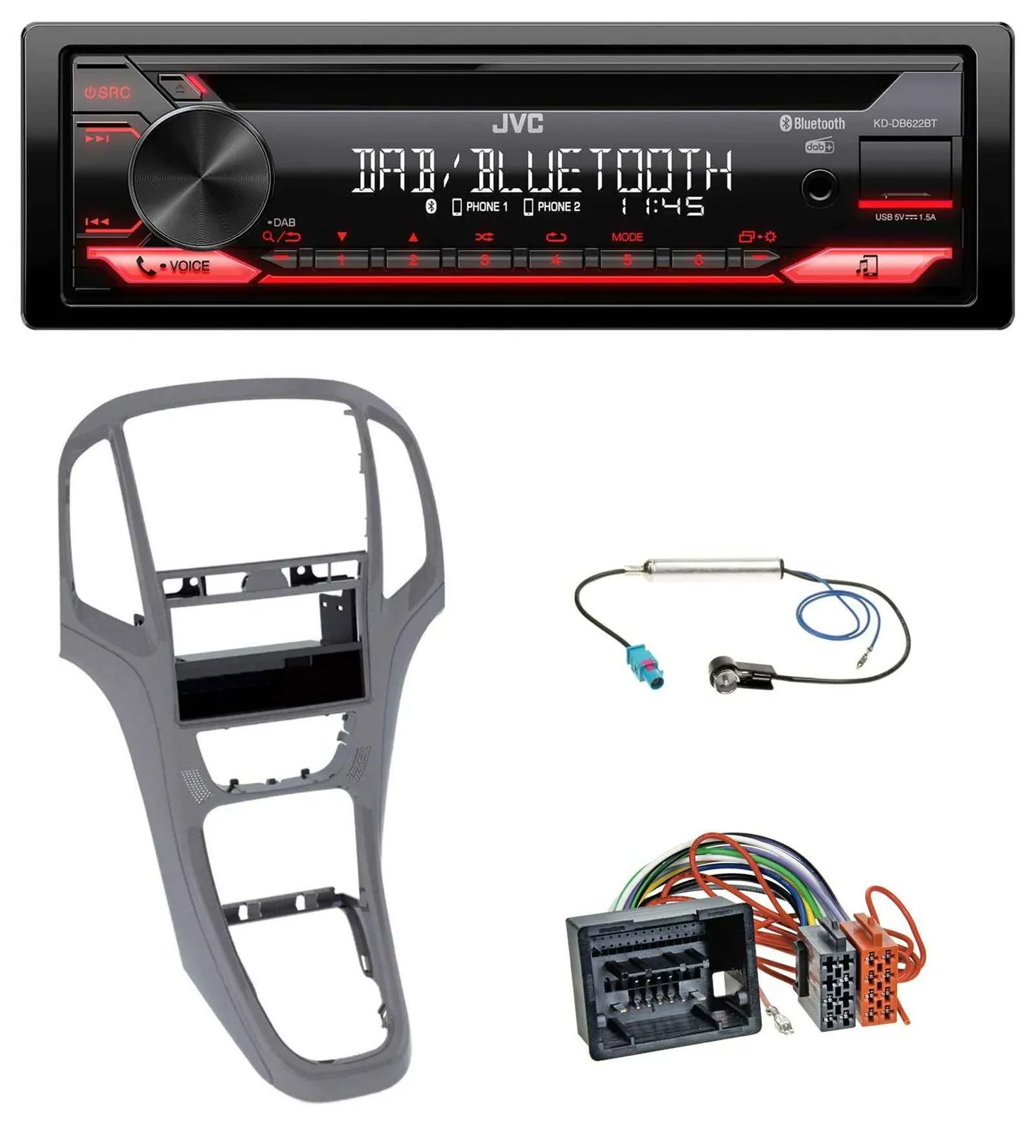 Автомагнитола для Opel Astra J (с 2009) JVC CD DAB USB Bluetooth MP3, титан серый