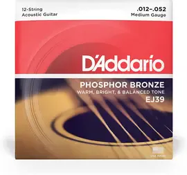 Струны для 12-струнной акустической гитары D'Addario EJ39 12-52, бронза фосфорная