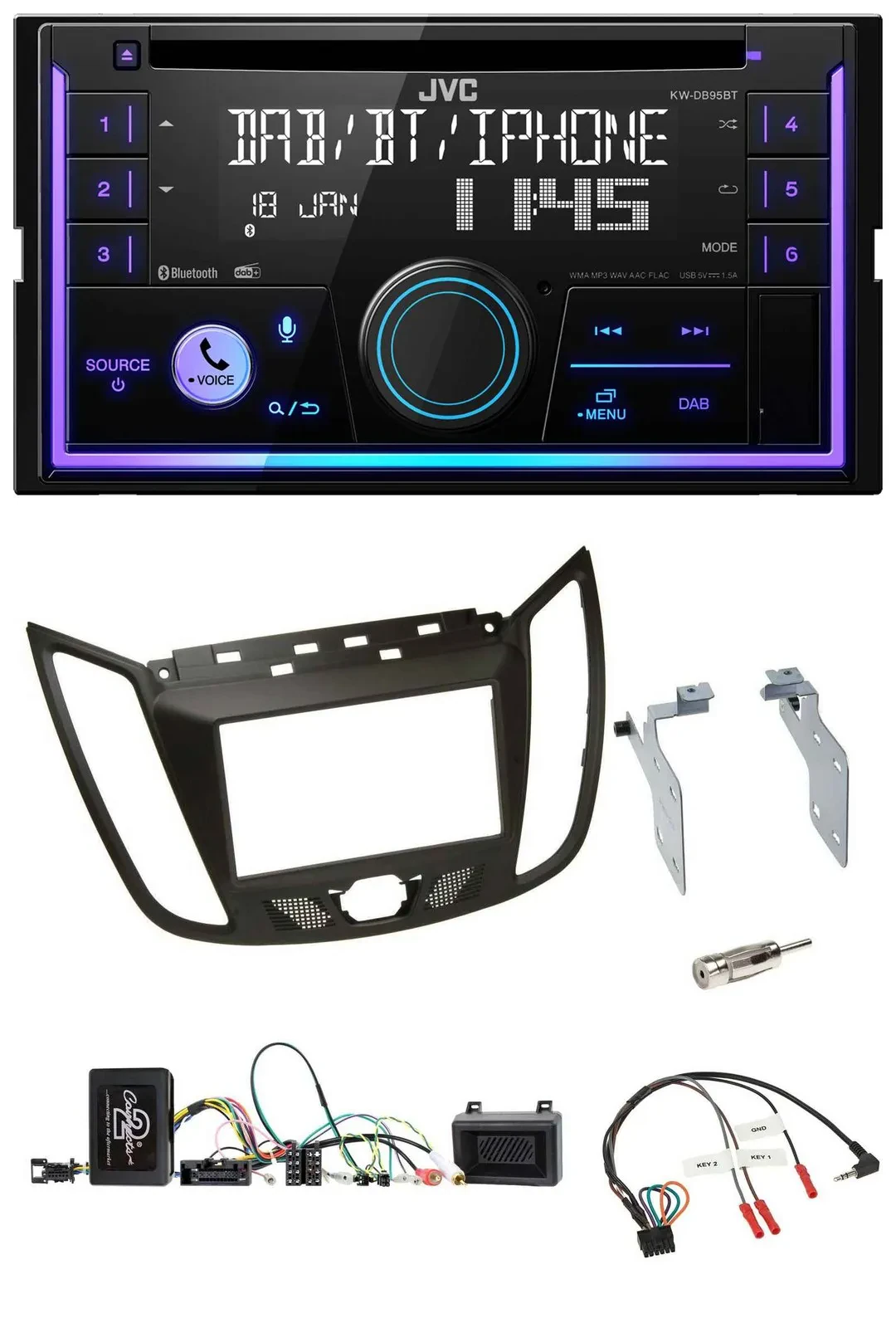 Автомагнитола JVC 2 DIN, DAB, Bluetooth, CD, USB для Ford C-Max (с 2011), коричневый